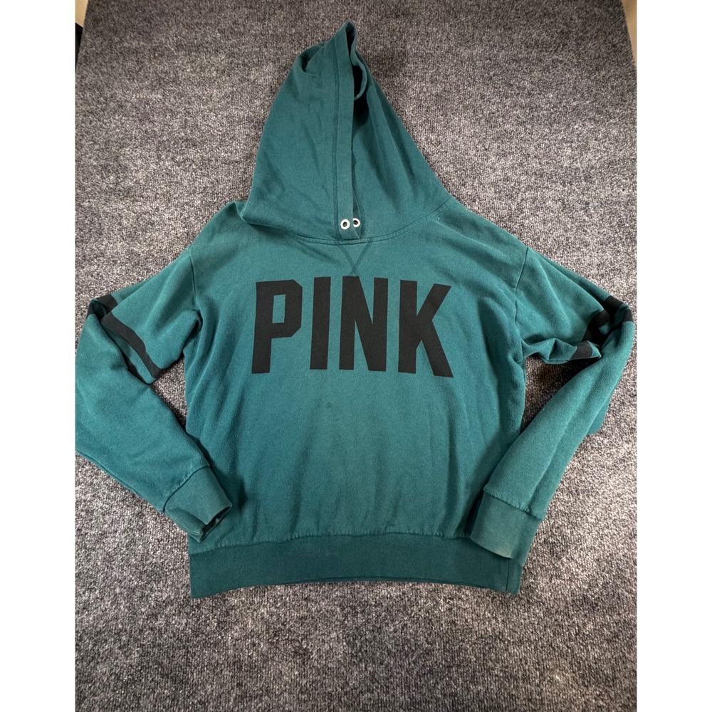 #160 Victoria's Secret PINK Hoodie Forest Green Logo‎ Pullover Sweatshirt Small